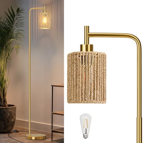 Image of Oneach 66" Gold Floor Lamp for Living Room, Boho Floor Lamp with LED Bulb, Foot Switch, Rattan Shade, Industrial Tall Farmhouse Standing Lamp for Bedroom, Dining Room, Study Room, Office
