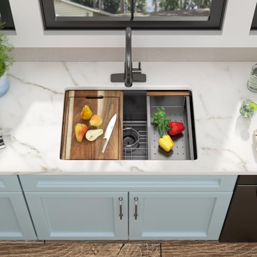 Image of 27 inchx19 inch Gunmetal Black Undermount Workstation Kitchen Sink | 16 Gauge T304 Stainless Steel Deep Single Bowl Basin with Integrated Ledge, Round Corners, Under Counter, Nano-PVD Finish