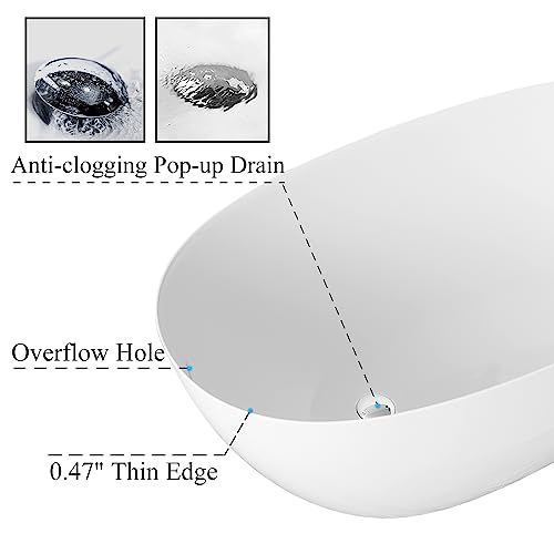 Artstone 55 Inch Stone Resin Freestanding Bathtub, Thin Edge Classic Oval Shaped Solid Surface Bathroom Freestanding Tubs, Overflow And Pop-Up Drain Included, White #TOP5