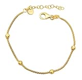 100% sin níquel. Pulsera de plata de ley 925 chapada en oro con bolas facetadas de 2,9/1,3 mm de ancho, longitud ajustable de 16 a 20 cm, cadena de palomitas de maíz, pulsera de oro para mujer