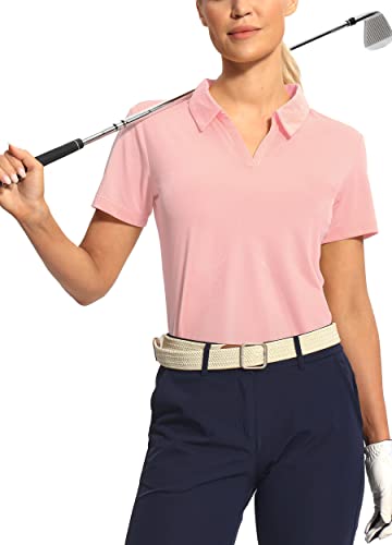 Hiverlay Women's Golf Shirt Short Sleeve V Neck Collar Polo Shirts Athletic Tennis Tops Lightweight Quick Dry Upf 50+ Pink M #TOP29