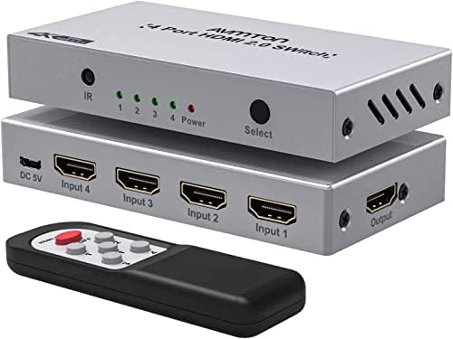 AVMTON HDMI Switch 4 in 1 Out HDMI 2.0 Switcher Selector Metal HDMI Switches Selector Box HDMI Splitter HDMI Switch 4k with Remote Control,Support 4K@60Hz HDCP 2.2 for PS3 PS4,Fire Stick