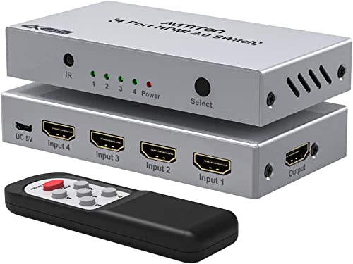 Avmton Hdmi Switch 4 In 1 Out Hdmi 2.0 Switcher Selector Metal Hdmi Switches Selector Box Hdmi Splitter Hdmi Switch 4K With Remote Control,Support 4K@60Hz Hdcp 2.2 For Ps3 Ps4,Fire Stick #TOP17