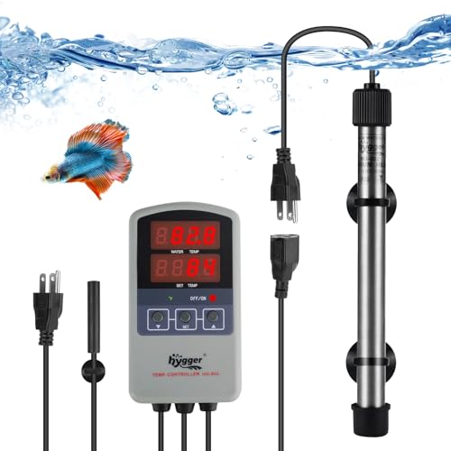 hygger Riscaldatore per acquario in titanio da 50 W per acqua salata e acqua dolce, riscaldatore sommergibile digitale con controller termostato IC esterno e termometro, per acquario, 5-10 galloni