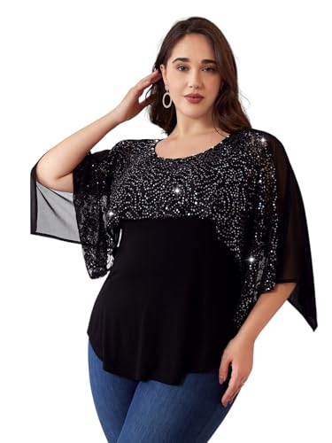 LapaPlus Übergröße Pailletten Oberteile für Damen 2025, Spitze Halbarm Hemd Tunika Abend Party Tops Cocktail Bluse