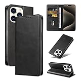 QUEASON【iPhone 15Pro 用 ケース 手帳型】マグネット式 いphone15pro 用 ケース スタンド機能 iphone15pro 用 スマホケース カード収納 iphone15プロ 用 スマホケース 耐衝撃 落下防止 防塵（ブラック）