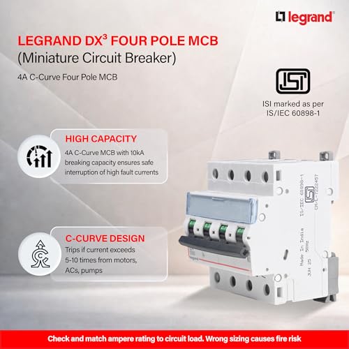 Image of Legrand DX 1A Four Pole MCB C Curve 10kA | 3-Phase + Neutral Miniature Circuit Breaker | ISI Marked IS /IEC 60898-1 | Overload & Short Circuit Protection for Industrial & Commercial Use