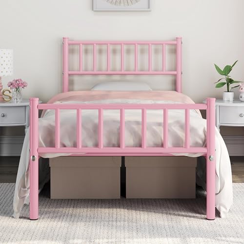 Yaheetech Single Metal Bed Frame with Slatted Headboard - Pink, 3ft