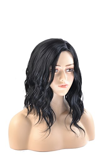 MeriCino 14" Short Bob Wigs Black Wavy No Bangs Wig Shoulder Length Middle Part Synthetic Wigs Natural Hair Harajuku Costume Party Wig for Women + Free Wig Cap(Black no Bangs)