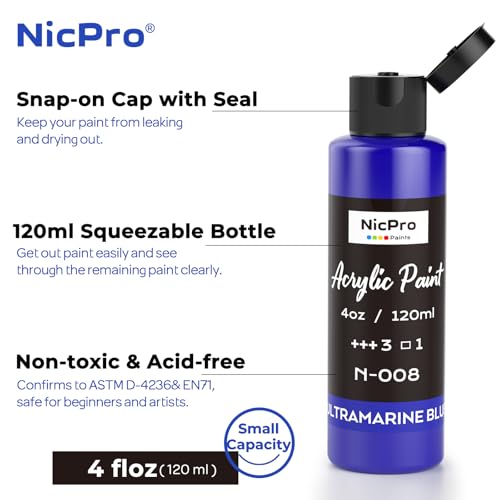 Image of Nicpro 8 Primary Colors Acrylic Paint Set(4 oz, 120 ml), Rich Pigment