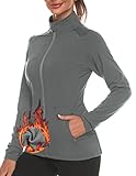 Women's Fleece Workout Track Jacket Full Zip Slim Fit Athletic Reflective Running Jacket Grey M