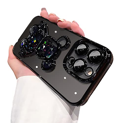 Manleno Electroplated For Iphone 13 Pro Max Case For Women Girls Luxury Liquid Quicksand Case With Camera Protector Glitter Sparkly Bear Slim Shockproof Rubber Protecive Case (Black) #TOP6