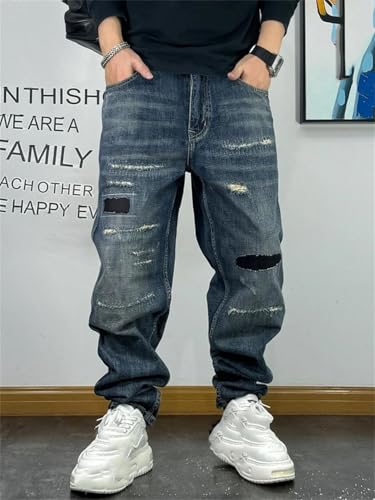 Men’S Fashion Patch Ripped Regular Straight Cargo Pants Button Fly Midweight Distressed Hip Hop Full Length Jeans4