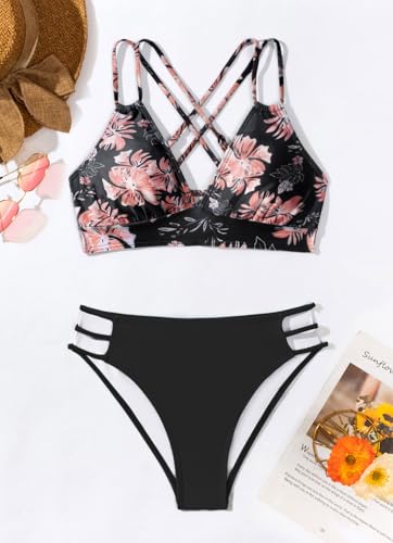 Fanuerg Women's Sexy V Neck Bikini Sets Hollow Out Two Piece Swimsuits Cutout Mid Waist Bathing Suit4