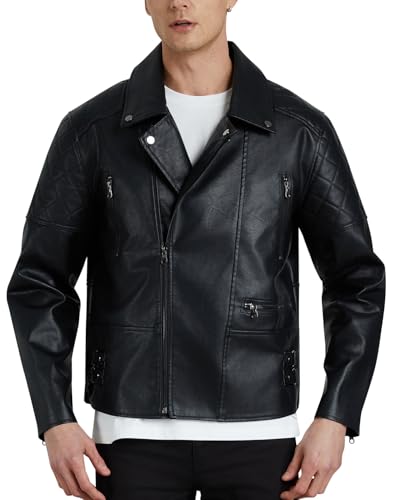 WULFUL Men\'s Leather Jackets, Faux Bomber Jacket for Men Motorcycle Lapel Asymmetric Zip-Up Slim Fit Biker Coat - Thumbnail 4