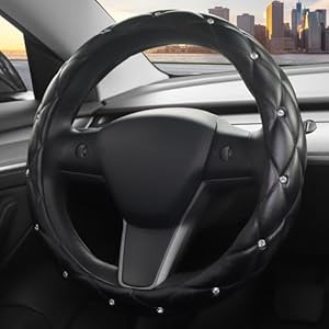 Diamond Leather Anti-Slip Steering Wheel Cover with Crystal Rhinestones for Women and Girl, Universal Car Bling Steering Wheel Cover Protector Fit 15 inches – Black