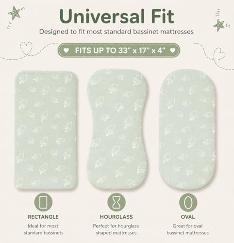 Image of 3-Pack Organic Jersey Cotton Bassinet Fitted Sheets - Fits 32 x 16 x 4 Inch Pads - Compatible with Halo, Snoo, Graco, Dream On Me, Delta - for Oval, Hourglass, and Rectangular Bassinet Mattresses