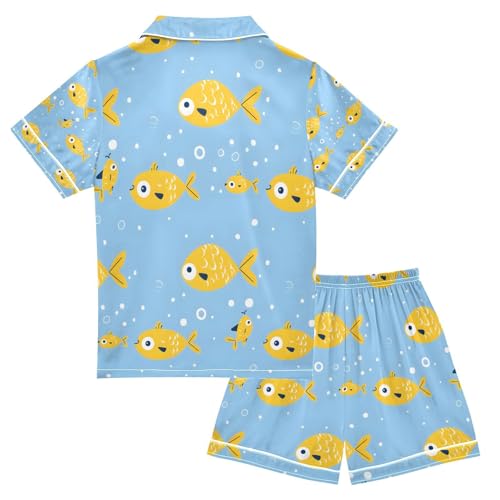 senya Yellow Fish Blue Satin Summer Pajama Sets Silk Short Sleeve Button Down Sleepwear2