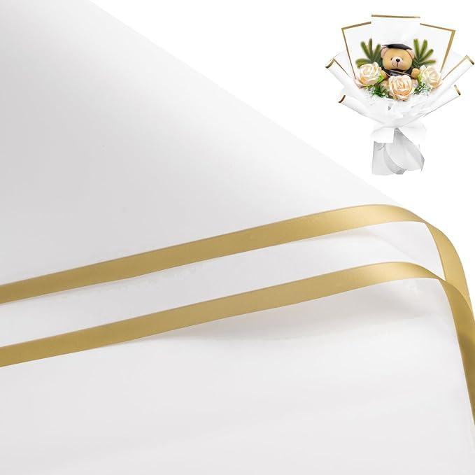 Image of Zarwani - 30 Sheets Korean Style Waterproof White Bouquet Wrapping Paper (58cm x 58cm, 60 Microns) | Golden Border Design, Giftwrap for Flowers & DIY Gift Wrapping Paper (30, Gold Border White)