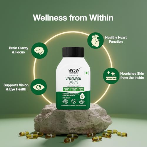 Image of WOW Life Science Advanced Veg Omega 3-6-7-9 | Plant-Based EPA & DHA from Algal Oil + GLA from Evening Primrose | Sea Buckthorn Oil + Astaxanthin + Vitamin D3 (Veg) & Vitamin E | Brain Focus, Heart Health, Eye Support, Skin Hydration | 60 Capsules
