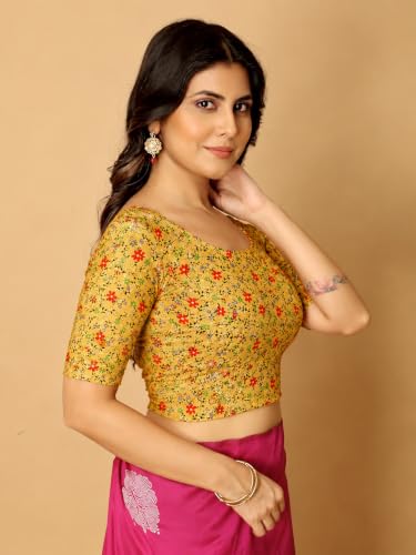 Image of Amazon Brand - Anarva Round Neck Dobby Cotton Lycra Stretchable Elbow Half Sleeve Readymade Saree Blouse for Women Stylish