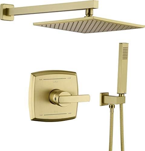 Shower System, Shower Faucet Set with Dual Functions, Bathroom Luxury Brass Brushed Gold with 10" Rain Shower Head Wall Mounted Shower Set All Metal, Brushed Gold (Rough in Valve Included)