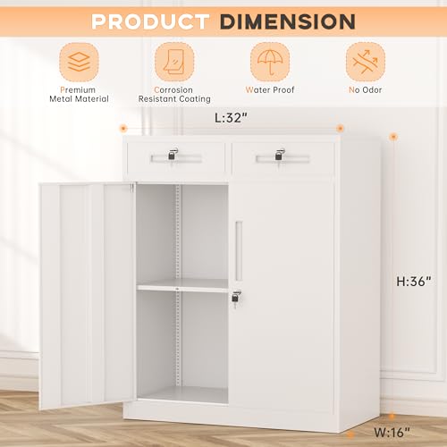 Image of INTERGREAT Metal Garage Storage Cabinets with Lock,Steel Storage Cabinet with Drawer and 2 Adjustable Shelves, Small Lockable Office Steel Cabinet for Home, Warehouse, School, White