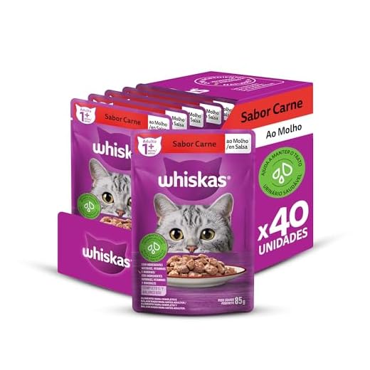 Pack de Ração Úmida Whiskas Sachê Carne ao Molho para Gatos Adultos, 40 sachês de 85 g