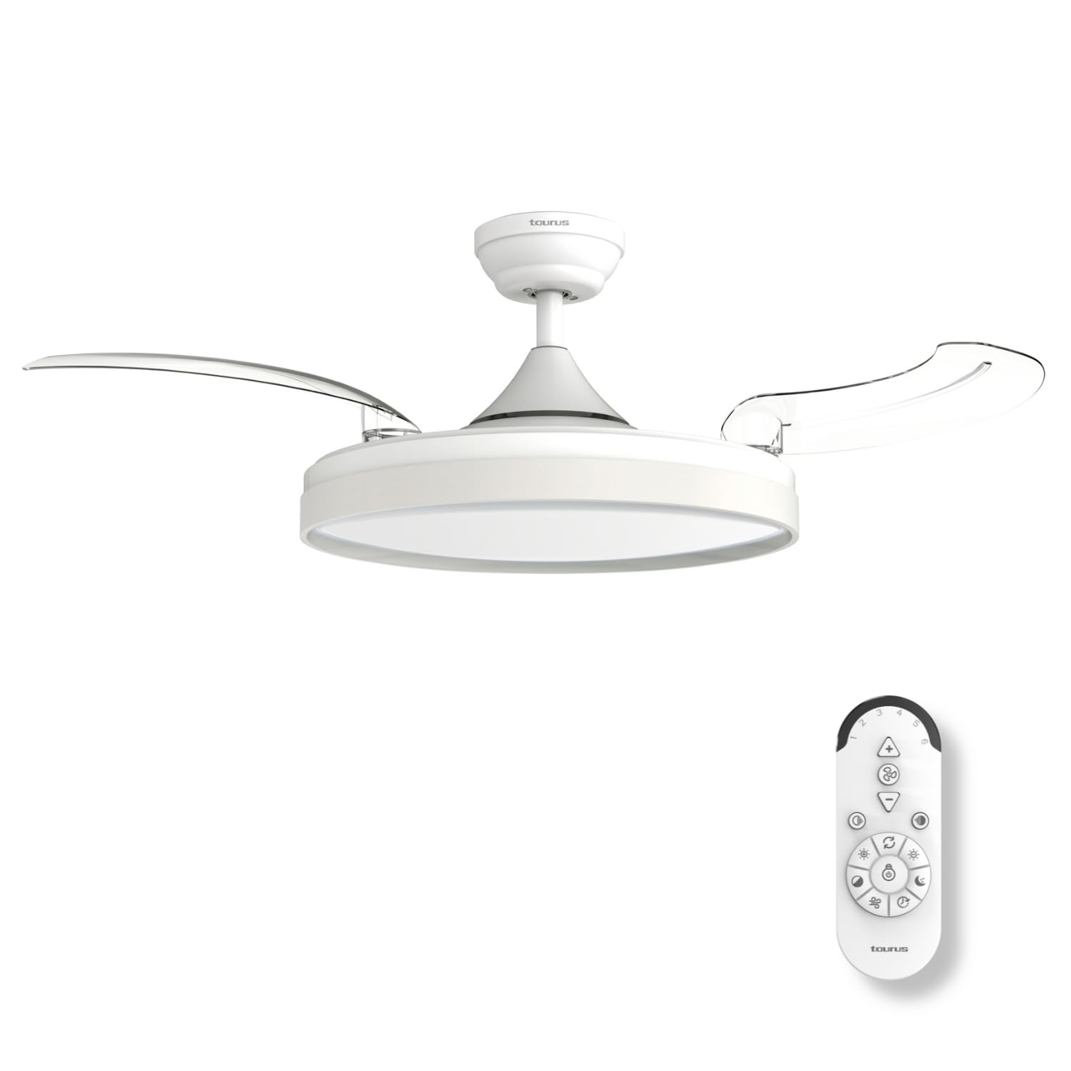 Taurus Ceiling Fan with Retractable Blades and Dimmable LED Light 36W | Ultra-Quiet DC Motor 30W | 107cm Fan with 6 Speeds, Winter-Summer Mode and Remote Control