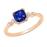 Anillo de compromiso Dazzlingrock Collection para mujer en oro rosa de 18 quilates, talla 6, con diseño de hoja, zafiro azul creado en laboratorio (talla cojín de 6x6 mm) y diamante blanco redondo.