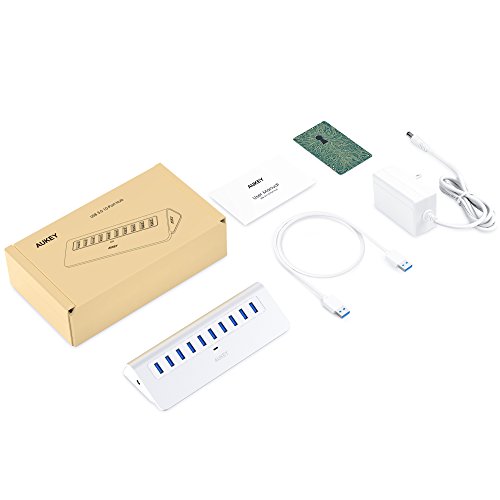 AUKEY Powered USB Hub, Aluminum 10 Port USB 3.0 Data Hub with 12V/3A Power Adapter, 3.3ft USB Cable for MacBook Air, Mac Mini, iMac, Laptop, PC, USB Flash Drives, HDD Hard Drive (Silver)