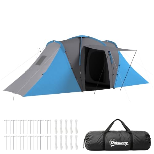 Outsunny Tente de Camping familiale 4 pers. - Tente Tunnel étanche ventilée Facile à Monter - 2 Grandes Portes - dim. 5,55L x 2,25l x 1,9H m Fibre Verre Polyester, Gris foncé et Bleu