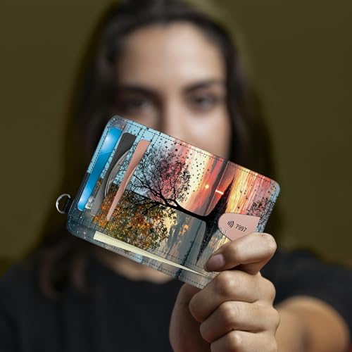 Image of Small Travel Wallets, Day and Night Art Tree Slim Minimalist Front Pocket Wallet with Wristlet, RFID Blocking PU Leather Credit Card Holder with ID Window Change Purse for Men Women