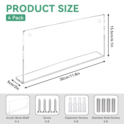 BXUUXA Acryl Zeitschriftenhalter Wand 4er-Pack Zeitschriftenständer Länge 30cm Transparente Prospekthalter mit 7.5kg Belastbarkeit Schwebende Wandregal Ohne Bohren für Magazine Wohnzimmer Büro