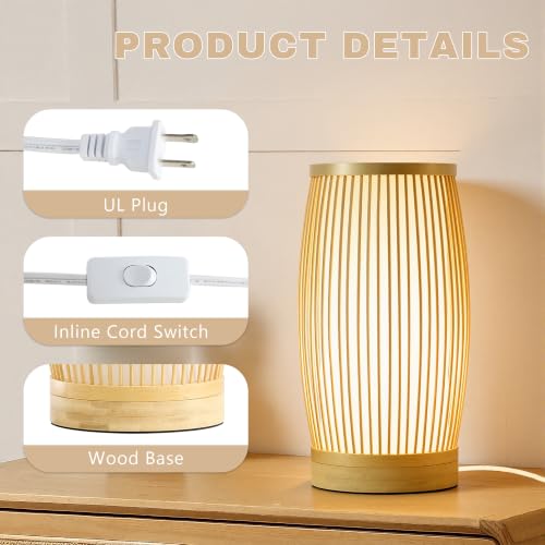 Image of Set of 2 Small Table Lamps, 11 inch Japandi Bamboo Bedside Lamps with Beige Linen Shades, Boho Nightstand Lamps for Bedroom, Living Room, Dorm Room, Natural