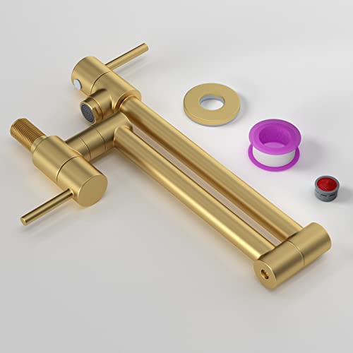 Buperor Pot Filler Faucet Brushed Gold, Solid Brass Kitchen Folding Wall Mount Double Joint Swing Arm Folding Sink Faucet With Single Hole Two Handles #TOP6