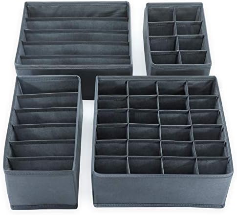 MAXPORIUM 4-Pieces Underwear Drawer Organiser Divider - Foldable Wardrobe Storage Organiser - Fabric Drawer Dividers Clothes Storage Boxes for Bras, Baby Clothes, Socks, Ties - Grey