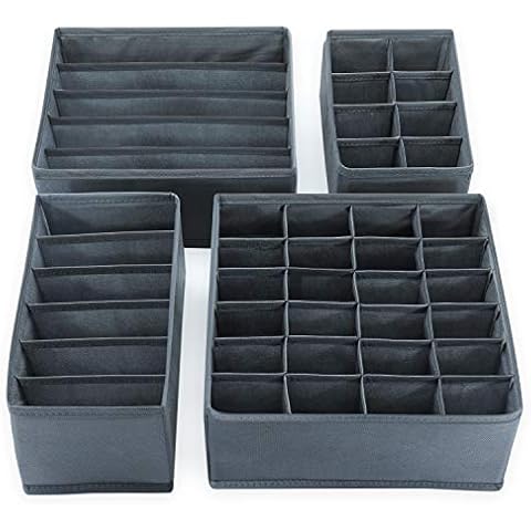 MAXPORIUM 4-Pieces Underwear Drawer Organiser Divider - Foldable Wardrobe Storage Organiser - Fabric Drawer Dividers Clothes Storage Boxes for Bras, Baby Clothes, Socks, Ties - Grey Cover