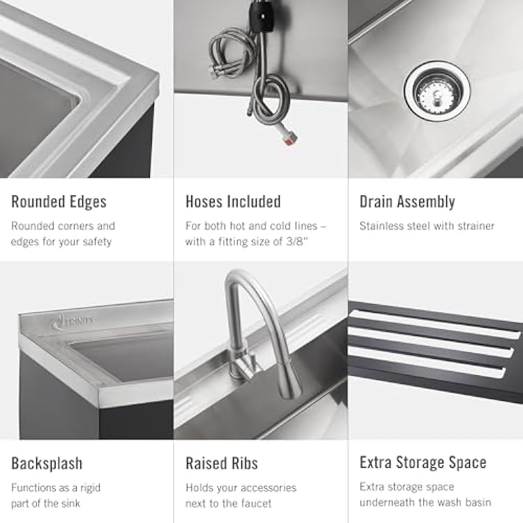 TRINITY 36-Inch Freestanding Stainless Steel Utility Sink, NSF Commercial Sink for Laundry Room, Restaurant Kitchen Prep, Garage, Shop, Food Truck, Dog Wash, With Hot/Cold Pull-Out Faucet, Black