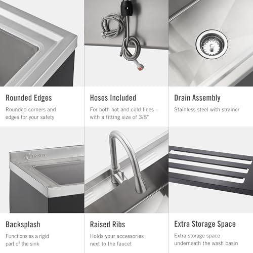 TRINITY THAPBK-0323 Stainless Steel Freestanding Single Bowl Utility Sink for Garage, Laundry Room, and Commercial Use, Includes Pull-Out Faucet, NSF, UPC and cUPC Certified, 36" x 20" x 49.2", Black
