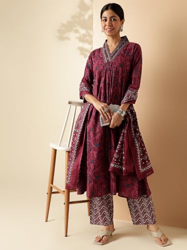Image of Vbuyz Women Floral Print With Mirror Work Cotton Kurta Palazzo With Dupatta