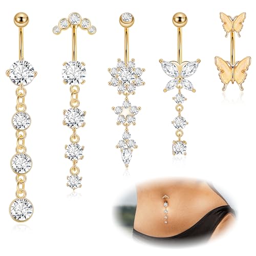 REVOLIA 5Pcs 14G Surgical Steel Dangle Belly Button Ring for Women Dangle Navel Ring Curved Belly Rings CZ Butterfly Barbell Body Piercing Jewelry Gold Bar Length 14MM