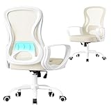 SONGMICS Silla de Oficina Ergonómica, Silla de Escritorio Giratoria de Malla con Soporte Lumbar, Reposabrazos, para Estudio y Dormitorio, Beige Capuchino y Blanco Nube OBN043LH02