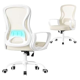 SONGMICS Sedia Ufficio Ergonomica, Sedia Scrivania Girevole in Rete, Supporto Lombare, Funzione Oscillante, Braccioli, Studio Camera da Letto, Beige Cappuccino e Bianco Nuvola OBN043LH02