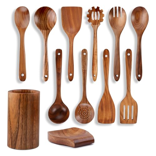 Sizle Masters 12-Piece Wooden Cooking Spoons Set with Holder – Natural Teak Wood Utensils – Ergonomic Cooking Tools Non-Stick Safe and Easy to Clean