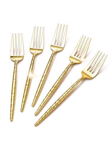 U-QE 180 PCS Gold Plastic Forks - 7.7 Inch Hammered