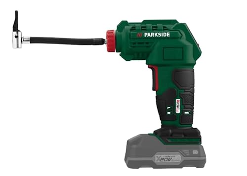 Parkside Akku-Kompressor, 20V, Grün-Schwarz, LCD-Display mit Auto-Abschaltung, 7 Bar Maximaldruck, 195 x 148 x 70 mm, mit Ventiladaptern und Zubehör, für Fahrradreifen und Sportartikel