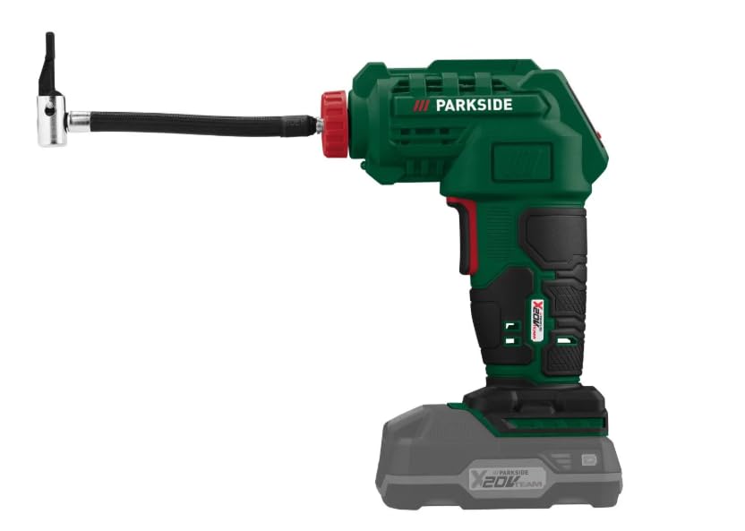Parkside Akku-Kompressor, 20V, Grün-Schwarz, LCD-Display mit Auto-Abschaltung, 7 Bar Maximaldruck, 195 x 148 x 70 mm, mit Ventiladaptern und Zubehör, für Fahrradreifen und Sportartikel