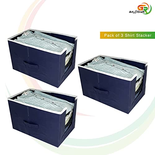 Image of GR Art&Craft inchOrganize Your Space inch Non Woven Shirt Stacker /Shirt Organizer /Wardrobe Organizer /Cloth Organizer /Cloth Cover-3 piece (Navy Blue)