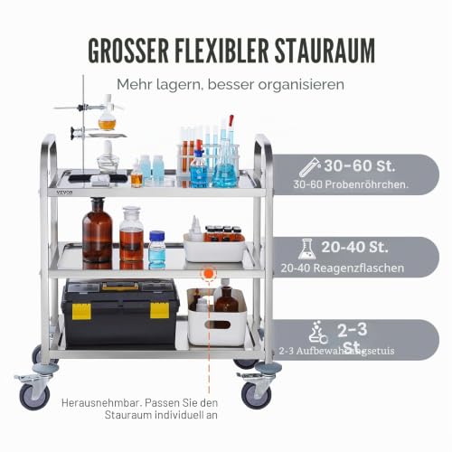 VEVOR Laborwagen Gerätewagen Medizintechnik Servierwagen 201 Edelstahl Tragbar Abräumwagen 100 kg Tragfähigkeit, 740 x 396 x 860 mm Labor Rollwagen Medical Trolley Dreifach-Design Silber